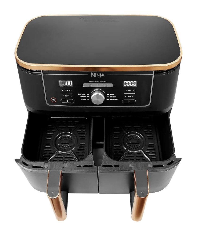 Ninja Foodi MAX Dual Zone Air Fryer, copper and black, drawers open